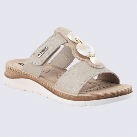 Mules Rohde, mules à bride velcro et bijou fantaisie femme en cuir beige