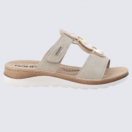 Mules Rohde, mules à bride velcro et bijou fantaisie femme en cuir beige