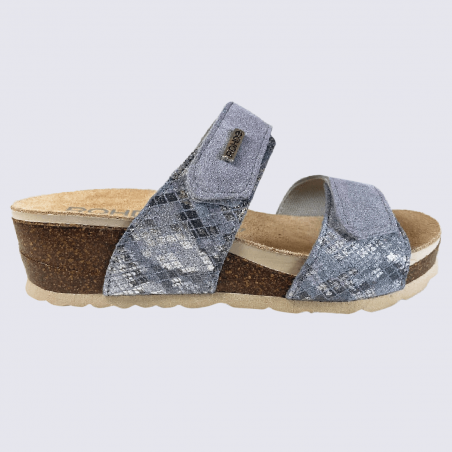 Mules Rohde, mules confortables à talons compensés femme en cuir et textile bleu basalt