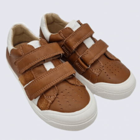 Baskets Bellamy, baskets à velcro bi-texture garçons en cuir brun cognac