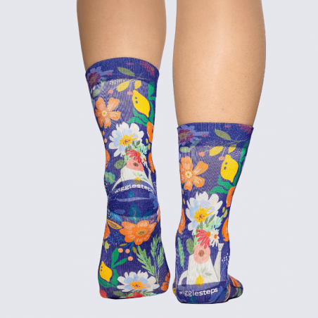 Chaussettes Wigglesteps, chaussettes motif fleur femme en coton bio marine