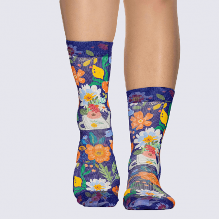 Chaussettes Wigglesteps, chaussettes motif fleur femme en coton bio marine