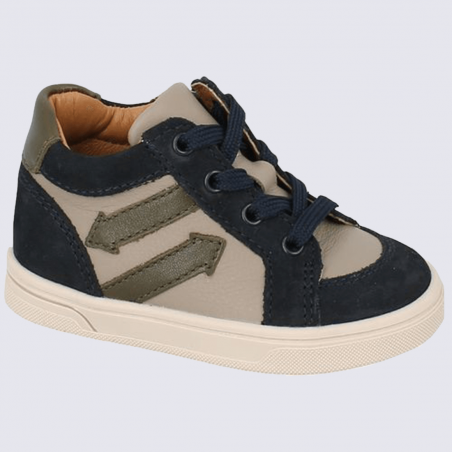 Baskets Bellamy, baskets à lacets fille motif flèche en cuir bleu marine beige