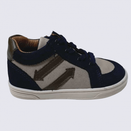 Baskets Bellamy, baskets à lacets fille motif flèche en cuir bleu marine beige