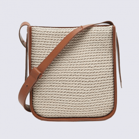 Sac à main Etrier, Sac à main moderne femme en cuir et toile tressée de haute qualité beige camel