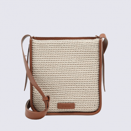 Sac à main Etrier, Sac à main moderne femme en cuir et toile tressée de haute qualité beige camel