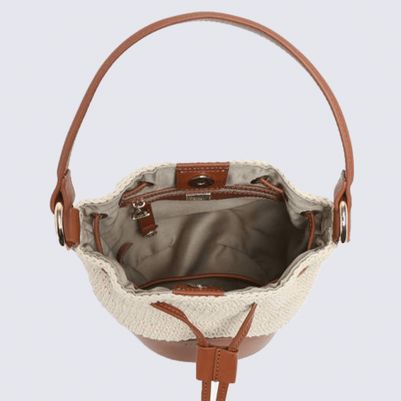 Sac seau Etrier, sac seau élégant femme en cuir et toile tressée de haute qualité beige camel