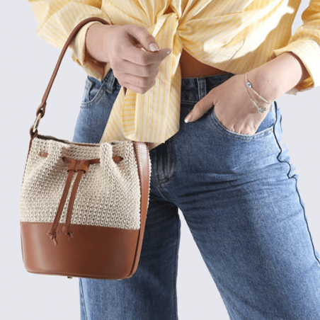 Sac seau Etrier, sac seau élégant femme en cuir et toile tressée de haute qualité beige camel