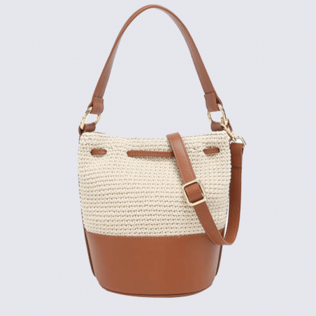 Sac seau Etrier, sac seau élégant femme en cuir et toile tressée de haute qualité beige camel