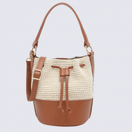 Sac seau Etrier, sac seau élégant femme en cuir et toile tressée de haute qualité beige camel